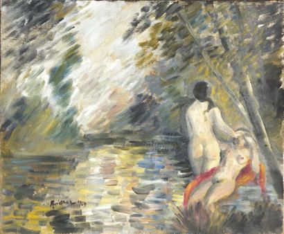null ARAR René (1908 - 1973)

- Baigneuse dénudée au voilier - Huile sur toile -...
