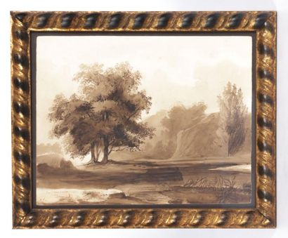 null École française du XIXème siècle

Paysage lacustre à l'arbre 

Lavis à l'encre...