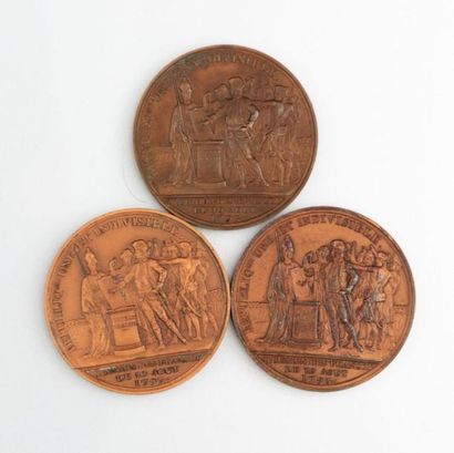 null Lot de trois médailles Convention, fête du 10 août 1793, Dupré. 

République...