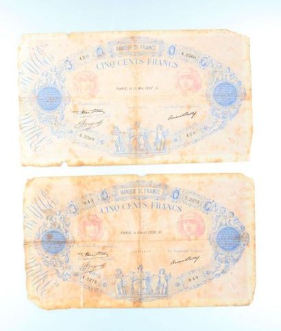null Lot de deux billets de 500 Francs Banque de France, l'un daté 13 mai 1937 N°63975420...