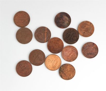 null TROISIEME REPUBLIQUE (1871-1940)
Treize pièces de 2 centimes Daniel Dupuis 1899,...