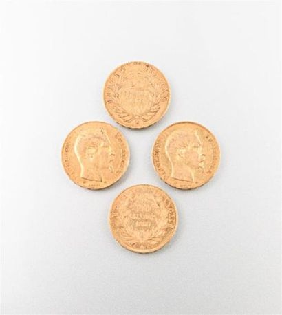 null Lot de quatre pièces de 20 Frcs or Napoléon III, années 1855
Poids : 25,63 g...