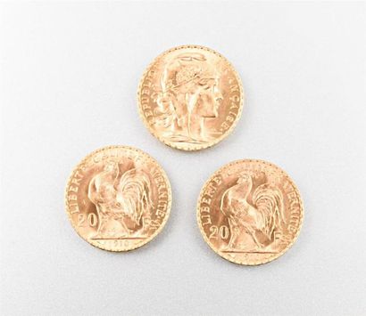 null Lot de trois pièces de 20 Frcs or, années 1910
Poids : 12,86 g 