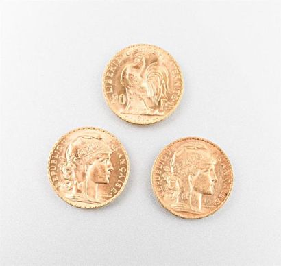 null Lot de trois pièces de 20 Frcs or, années 1908,1912,1913
Poids : 19,32 g 