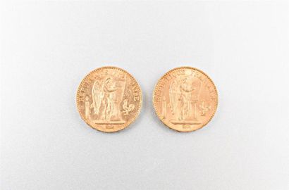 null Lot de deux pièces de 20 Frcs or, années 1875-1887
Poids : 12,86 g 