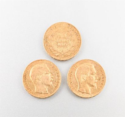 null Lot de trois pièces de 20 Frcs or Napoléon III, année 1854
Poids : 19,16 g 