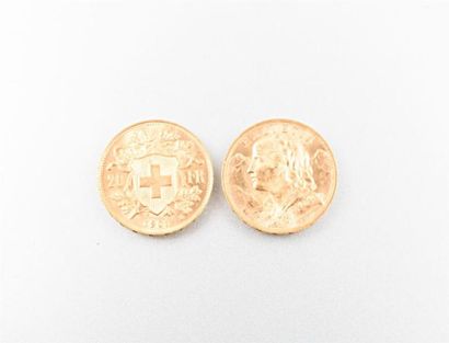 null Lot de deux pièces de 20 Frcs Suisse or, années 1901-1927
Poids : 12.88 g 