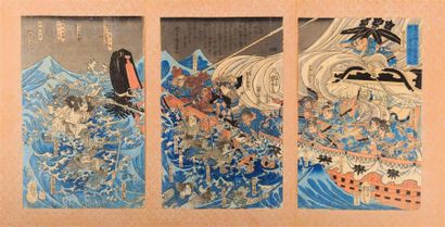 null YOSHITORA (Actif ca. 1850-1880) : Triptyque représentant le navire de Minamoto...