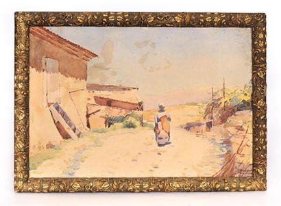 null POISSON Léon (XIX - XXème siècle) 
Femme dans une rue de village provençal
Aquarelle
Signée...