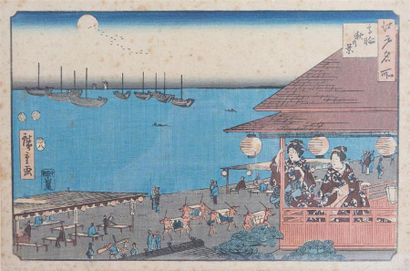 null JAPON
Hiroshige ANDO (1797-1858), d'après
Deux femmes abritées observant l'activité...
