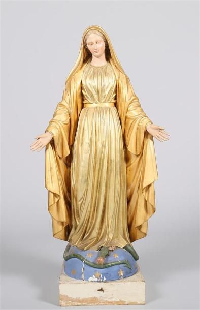 null Vierge Marie Essénienne en bois et plâtre peint surmontant la Terre constellée...