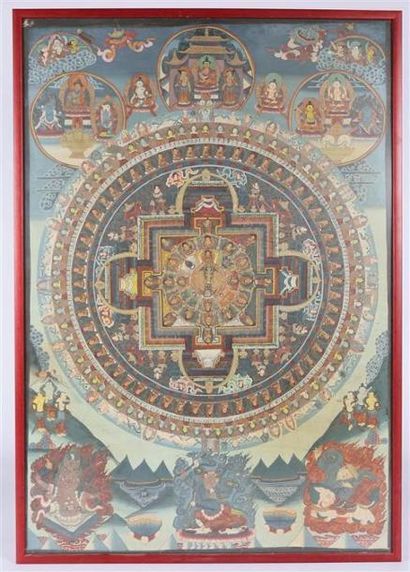 null INDE
Tangka ou peinture sur toile figurant une rotonde de divinités et bouddhas...