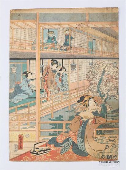 null KUNISADA II (1823-1880) 
Partie de triptyque, intérieur d'une maison de thé.
(usures...