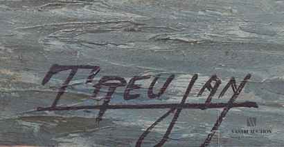 null TREUJAN (XXème siècle)
Voiliers en bord de quai 
Huile sur toile
Signée en bas...