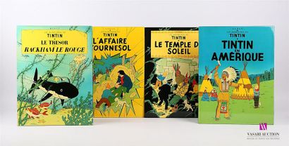 null Lot comprenant six panneaux en bois laqué et imprimé illustrant Tintin en Amérique...