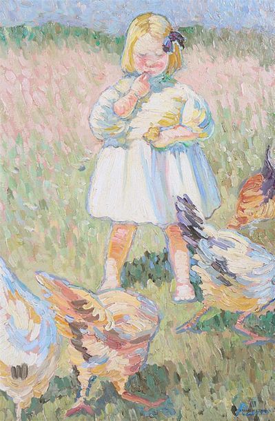 null ROUSSEL (début du XXème siècle)
Petite fille aux poules
Huile sur panneau
Signée...