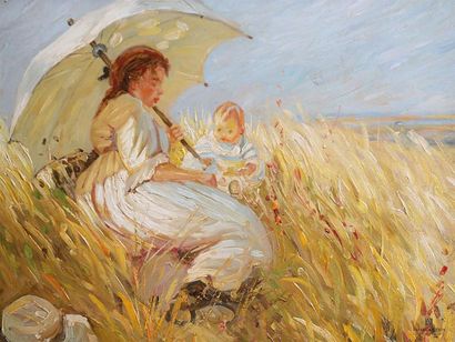 null ROUSSEL (début du XXème siècle)
Mère et son enfant dans un champs de blé
Huile...