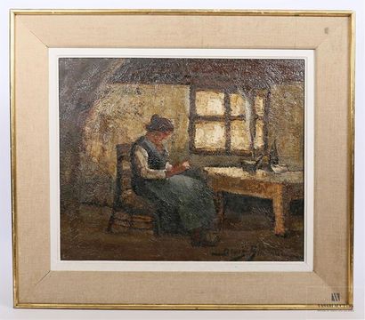 null BRUNAUD Denis (XXème siècle)
Femme lisant à la fenêtre 
Huile sur toile
Signée...