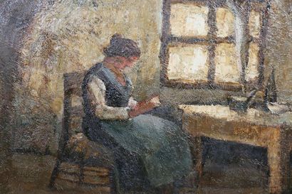 null BRUNAUD Denis (XXème siècle)
Femme lisant à la fenêtre 
Huile sur toile
Signée...