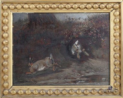 null KUYTENBROUWER Martinus (1821-1897)
Lièvres en fuite
Huile sur panneau 
Signée...