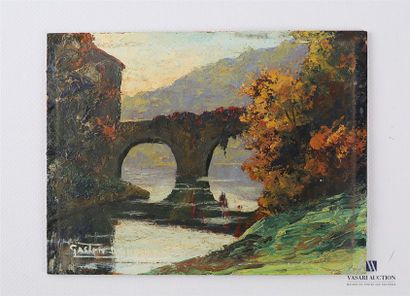 null DELPARD Gaston (XXème siècle)
Vue d'un pont au-dessus d'un cours d'eau 
Huile...