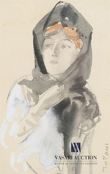 null TOFANI Osvaldo (1849-1915)
Femme au foulard
Encre, gouache et crayon
Signée...