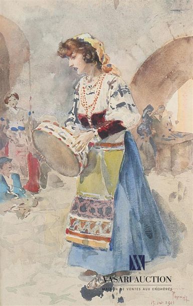 null TOFANI Osvaldo (1849-1915)
Jeune bohémienne au tambourin
Aquarelle
Signée, datée...