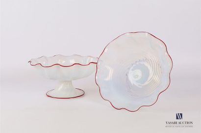 null Deux coupes en verres opalescent posant sur un socle piédouche, la coupe à bord...