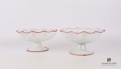 null Deux coupes en verres opalescent posant sur un socle piédouche, la coupe à bord...