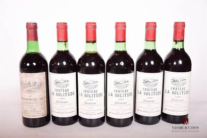 null Lot de 6 bouteilles comprenant :		
5 bouteilles	CHÂTEAU LA SOLITUDE	Bordeaux	1982
1...