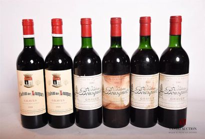 null Lot de 6 bouteilles comprenant :		
2 bouteilles	CHÂTEAU DES LUCQUES	Graves	1988
4...