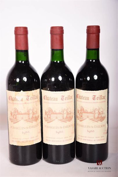 null 3 bouteilles	CHÂTEAU TEILLAC	Puisseguin St Emilion	1988
	Et. un peu fanées et...