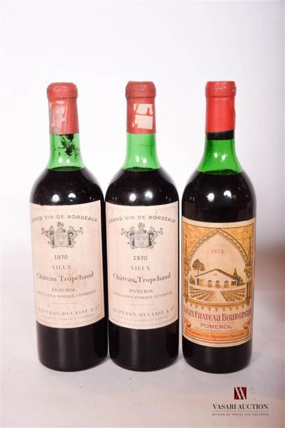 null Lot de 3 bouteilles comprenant :		
1 bouteille	VIEUX CHÂTEAU BOURGNEUF	Pomerol	1974
2...