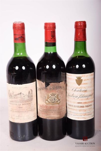 null Lot de 3 bouteilles comprenant :		
1 bouteille	CHÂTEAU ANDRON BLANQUET	St Estèphe	1981
1...