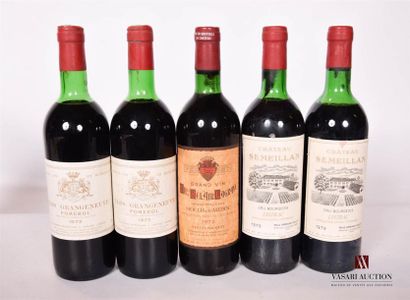 null Lot de 5 bouteilles comprenant :		
2 bouteilles	CLOS GRANGENEUVE	Pomerol	1973
1...