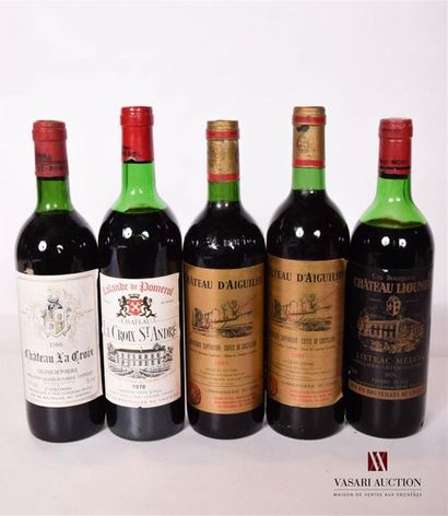 null Lot de 5 bouteilles comprenant :		
1 bouteille	CHÂTEAU LA CROIX	Lalande de Pomerol	1986
1...
