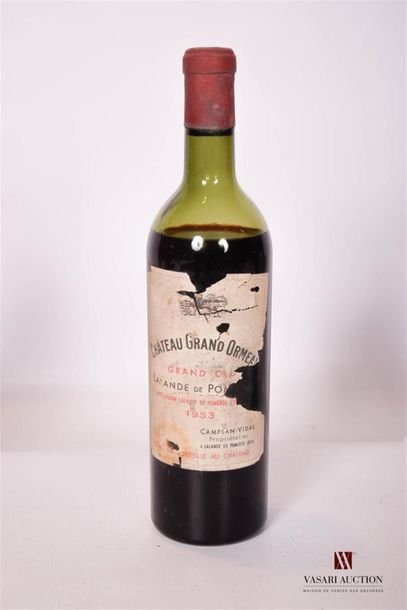 null 1 bouteille	CHÂTEAU GRAND ORMEAU	Lalande de Pomerol	1953
	Et. déchirée. N :...