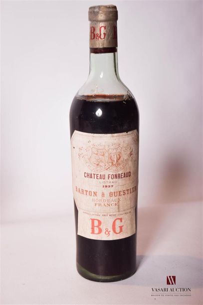 null 1 bouteille	CHÂTEAU FONRÉAUD	Listrac mise nég.	1937
	Et. fanée et un peu tachée....