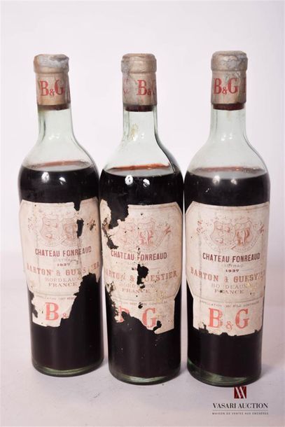 null 3 bouteilles	CHÂTEAU FONRÉAUD	Listrac mise nég.	1937
	Et. fanées, tachées et...