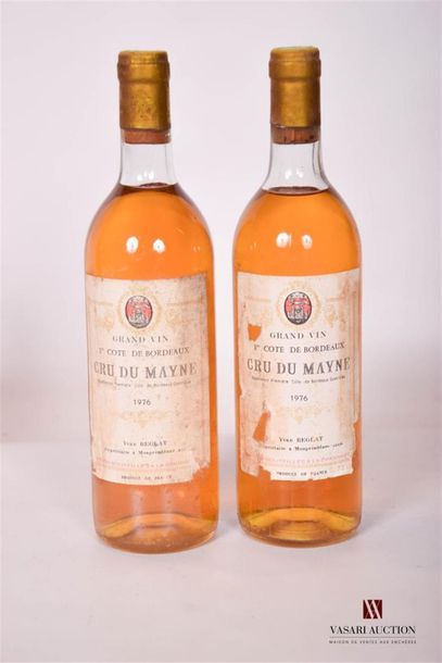 null 2 bouteilles	CRU DU MAYNE	1ères Côtes de Bordeaux	1976
	Et. tachées et un peu...