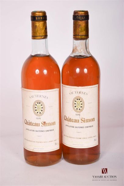 null 2 bouteilles	CHÂTEAU SIMON	Sauternes	1978
	Et. fanées et un peu tachées. N :...