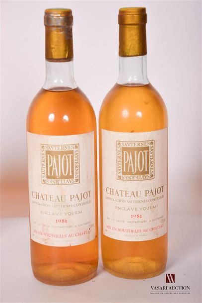 null 2 bouteilles	CHÂTEAU PAJOT	Sauternes	1981
	Enclave Yquem. Et. un peu fanées...