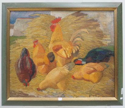 Georges Lucien GUYOT Georges Lucien GUYOT (1885-1972). Rooster and hens. HSC SBD.... Gazette Drouot