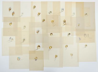  Lot of 24 jewelry drawings on tracing paper (one mounted on cardboard) in pencil... Gazette Drouot