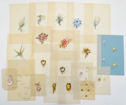  Lot of 20 jewelry drawings on tracing paper and light-blue paper in pencil heightened... Gazette Drouot