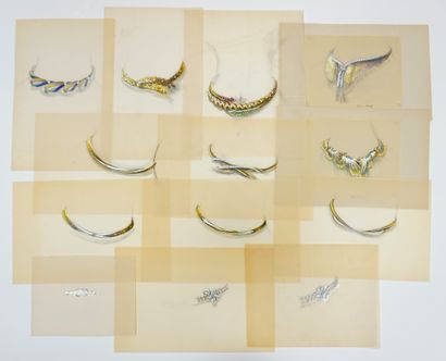  Lot of 13 jewelry drawings on tracing paper (some mounted on cardboard) in pencil... Gazette Drouot