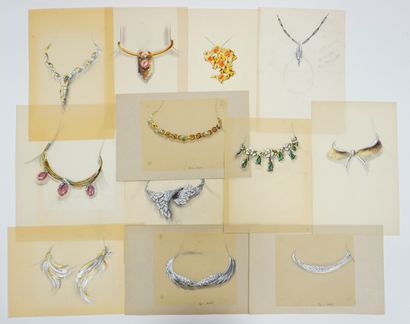  Lot of 12 jewelry drawings on tracing paper (some mounted on cardboard) in pencil... Gazette Drouot