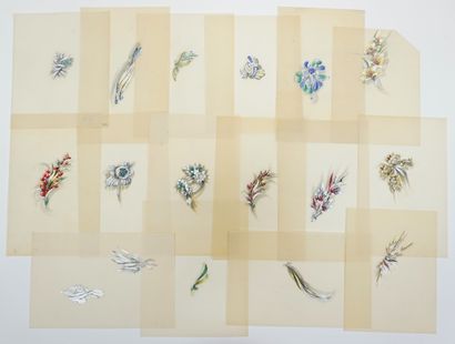  Lot of 16 jewelry drawings on tracing paper in pencil enhanced with polychrome gouache,... Gazette Drouot