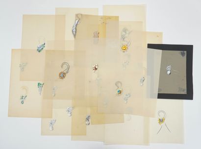  Lot of 21 white jewelry drawings on tracing paper in pencil enhanced with polychrome... Gazette Drouot