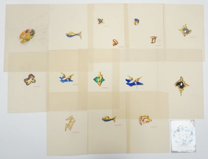  Lot of 14 jewelry drawings on tracing paper in pencil enhanced with polychrome gouache,... Gazette Drouot